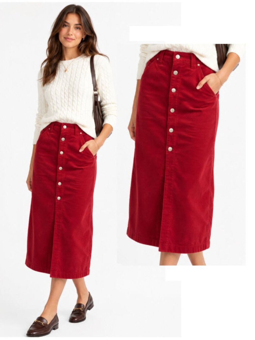 Esprit Red Button-Front Midi Corduroy Skirt
